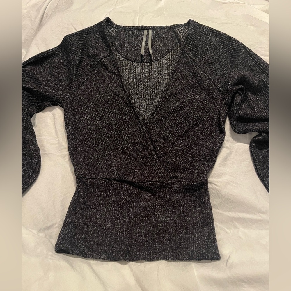 Anthropologie Black/Charcoal Heather Knit Sweater Balloon Sleeves